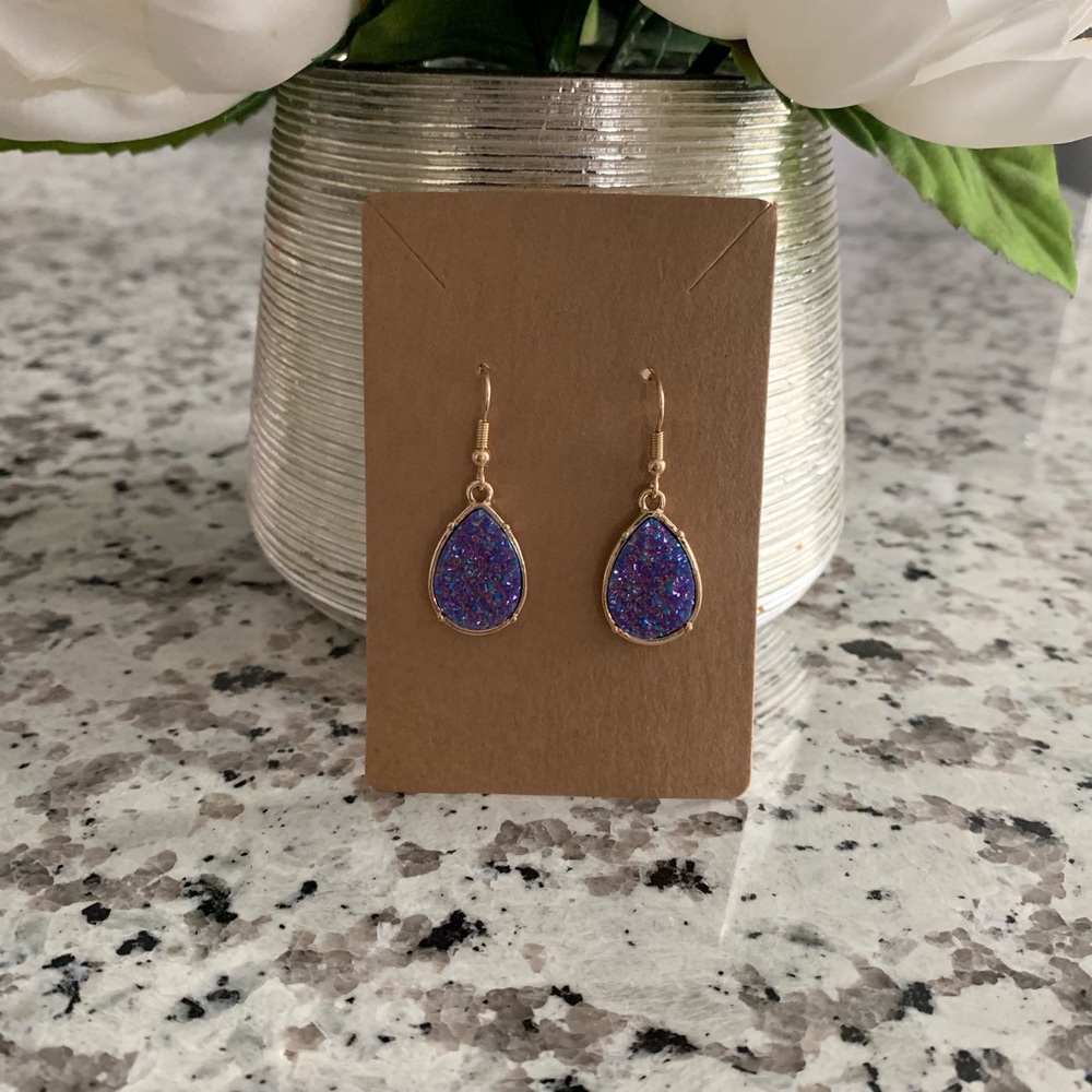 Purple Druzy Tear Drop Dangle Earrings - Picture 2 of 6
